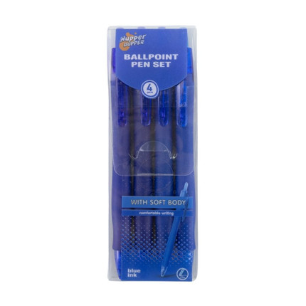Blue ballpoint pens with rubber grip, 4 pcs, assorted