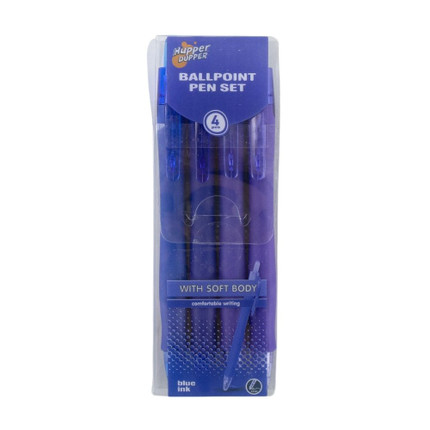 Blue ballpoint pens with rubber grip, 4 pcs, assorted