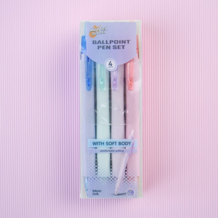 Blue ballpoint pens with rubber grip, 4 pcs, assorted