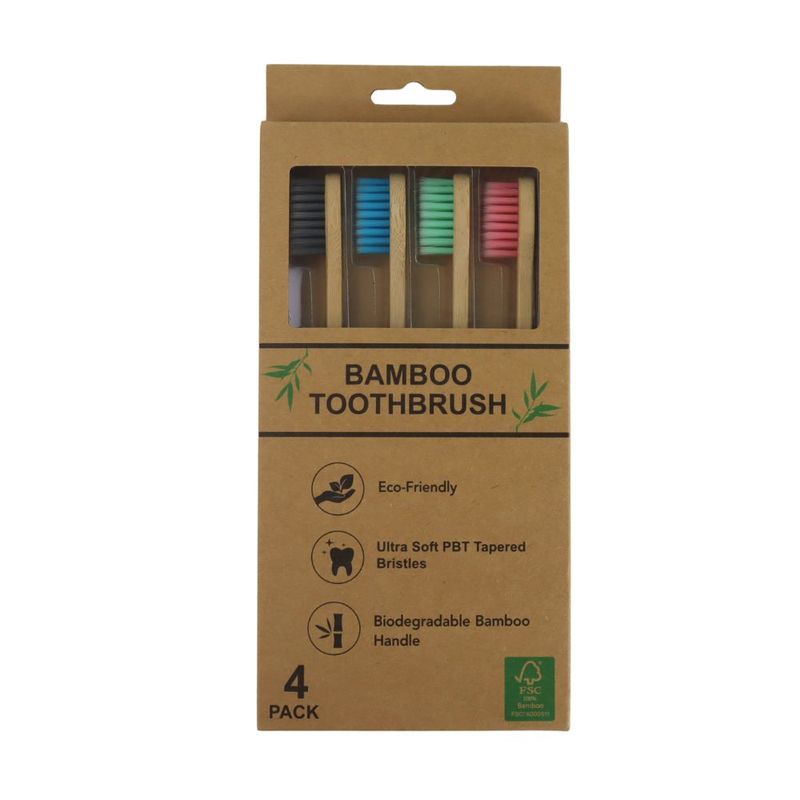 Bamboo flat handle toothbrush, 4pc