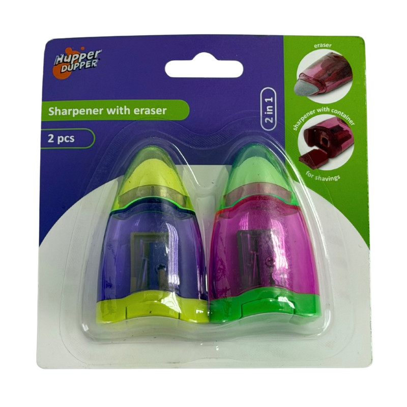 Sharpener with eraser, 2 pcs, assorted