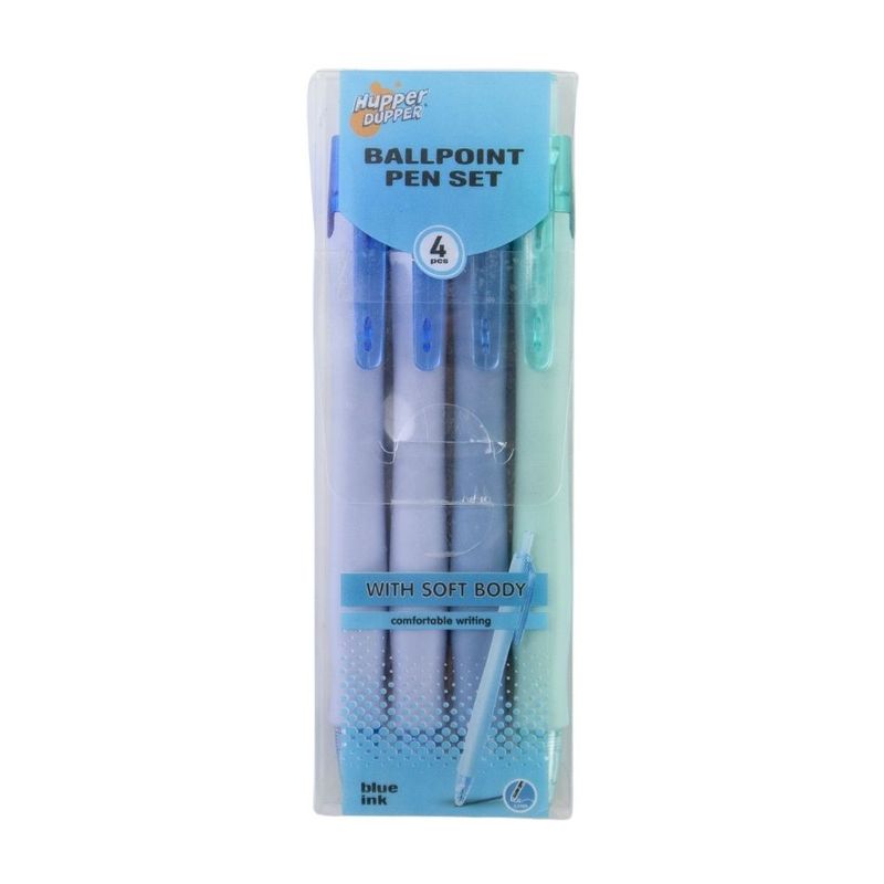 Blue ballpoint pens with rubber grip, 4 pcs, assorted