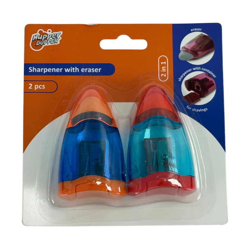 Sharpener with eraser, 2 pcs, assorted
