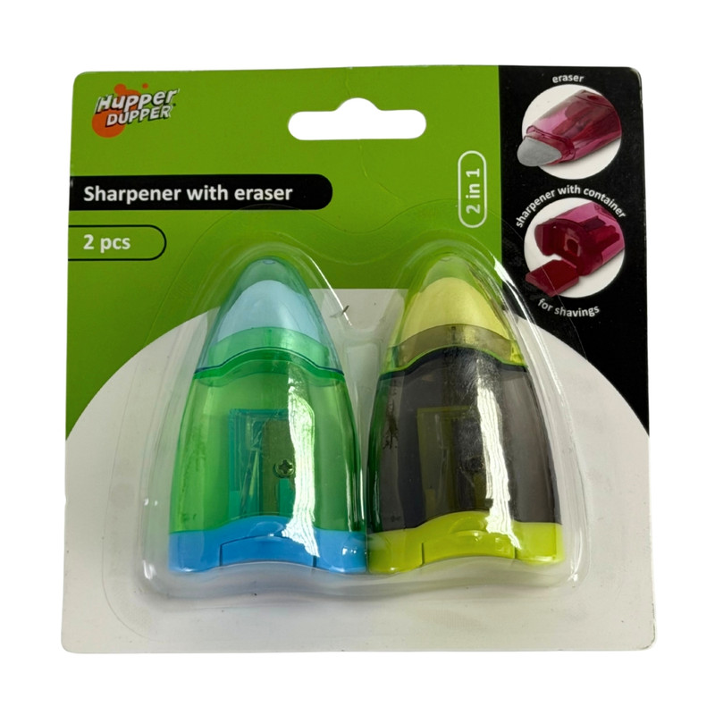 Sharpener with eraser, 2 pcs, assorted